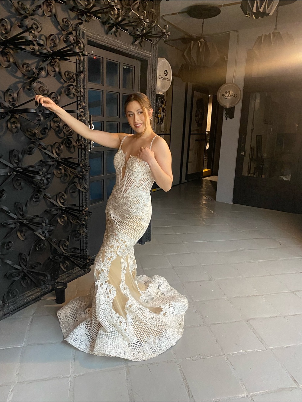 Mac Duggal Ivory and Nude Lace Mermaid Wedding Dress